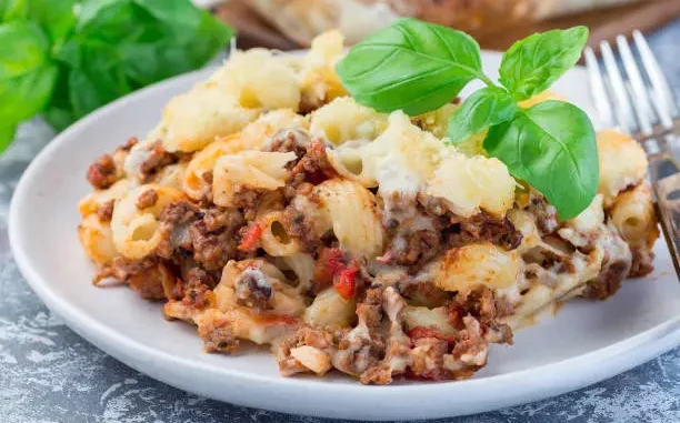 Beef bacon and baked pasta