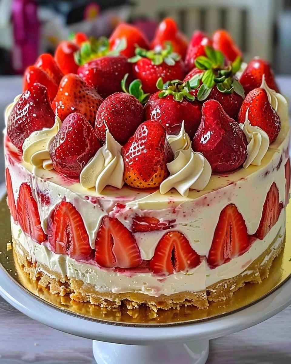 Strawberries and Cream Cheesecake Cake Recipe